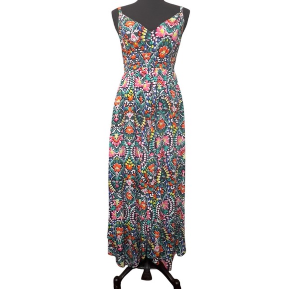 Old Navy Scarf Hem Blue Tile Open Back Dress Colorful Floral Mixed Pattern Small - Picture 1 of 11